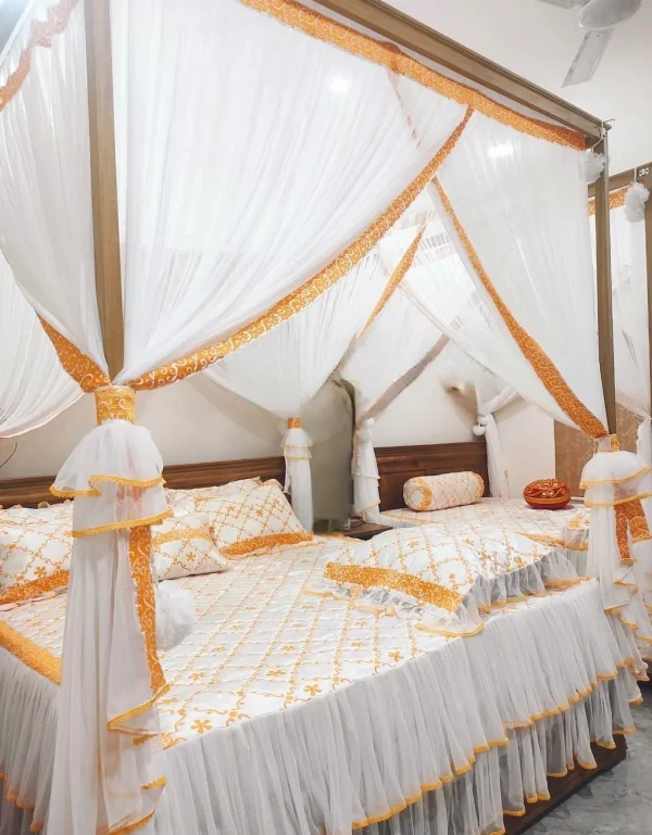 white bed sheet wedding -floral