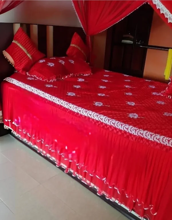 side angle of plain red wedding bed sheet floral