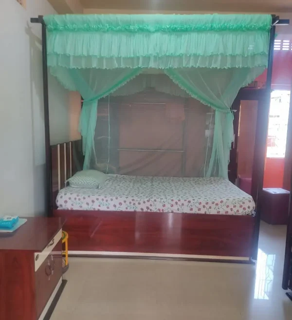 teal mosquito net for bed in a bedroom